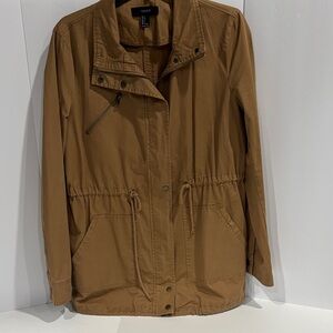Forever 21 Tan Brown Military Army Utility Jacket Drawstring Waist Full Zip Snap